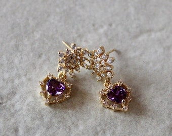 amethyst heart earrings, star burst earrings, gold earrings, wedding earrings, amethyst birthstone, brial earrings, gift, gift for her,