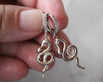 silver snake huggies, snake huggies, snake earrings, small hoops, silver hoops, gift, gift for her, jewelry, under 25, snake jewelry