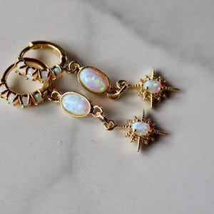 opal huggies, opal star, dangle earrings, gold earrings, gift, gift for her, jewelry, earrings, opal birthstone, valentines day, galentines