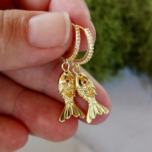 gold fish earring, gold earrings, hoop earrings, fish earrings, sardines, dangle hoop earrings, jewelry, gift, gift for her, under 40