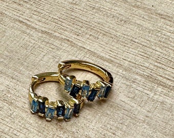 sapphire cubic zirconia gold huggie earrings, tiny gold hoops, blue hoops, sapphire earrings, earrings, jewelry, gold earrings, gift for her