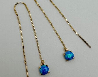 blue opal threader earrings, blue opal, opal jewelry, gold earrings, gold threaders, gold opal, opal birthstone, gift, gift for her, holiday