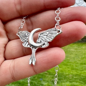 silver luna moth necklace, silver necklace, crescent moon necklace, luna moth jewelry, gift, gift for her, delicate jewelry, holiday, moon