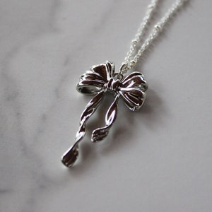 bow necklace, silver bow necklace, gift, gift for her, necklace under 30, jewelry, silver jewelry, valentines day, galentines day gift