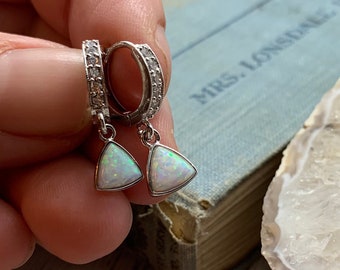 opal huggie earrings // bridesmaid earring // gift for her // sterling silver // opal hoops // holiday // summer jewelry