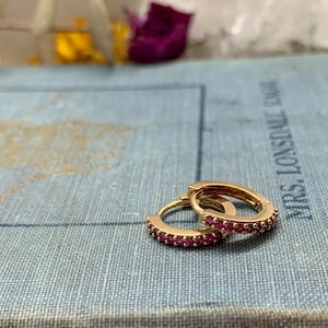 ruby huggie earrings, gold earrings, bridesmaid earring, gift for her,  holiday, valentines day gift for her, earrings under 30, for mom