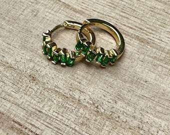 emerald cubic zirconia gold huggie earrings, tiny gold hoops, green hoops, emerald earrings, earrings, jewelry, gold earrings, gift for her