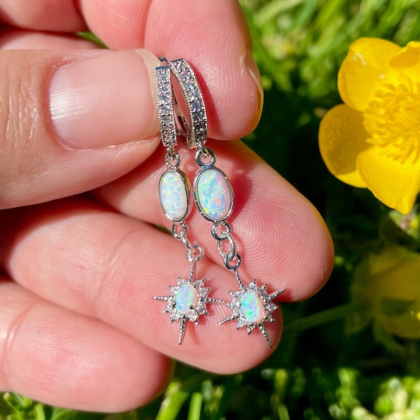 silver opal huggies, opal star, dangle earrings, earrings, gift, gift for her, jewelry, earrings, christmas, opal birthstone, silver opal