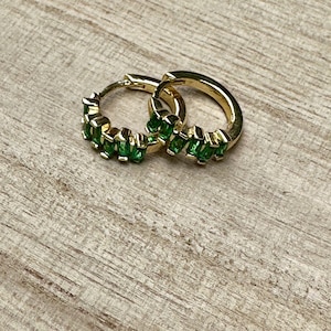 emerald cubic zirconia gold huggie earrings, tiny gold hoops, green hoops, emerald earrings, earrings, jewelry, gold earrings, gift for her