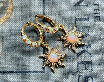 opal huggie earrings, gold huggie earrings, bridesmaid earrings, gift for her, sterling silver, opal hoops, tangled, sun burst, opal