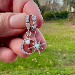 silver opal huggies, silver opal earrings, moon and star earrings, silver opal, opal huggies, opal earrings, celestial, gift, gift for her