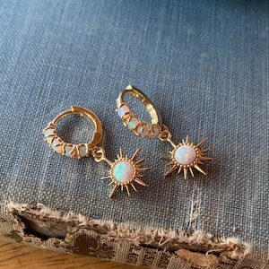 opal huggie star earrings, gold huggie earrings, bridesmaid earring, gift for her, sterling silver, opal hoops, mothers day, opal star