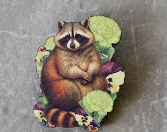 raccoon pin, wooden pin, raccoon pin, brooch, jewelry gift, animal jewelry, woodland animal pin, brooch under 10, raccoon