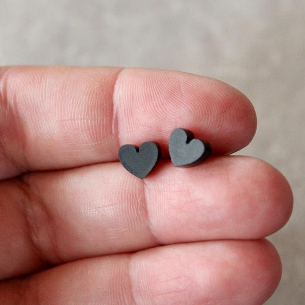 tiny black heart earring, heart stud, gift, gift for her, black heart stud, gift, gift for her, jewelry, earrings under 10, love