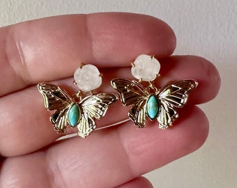 gold butterfly earrings, turquoise earrings, quartz earrings, summer jewelry, mothers day, gift, gift for her, holiday, earrings under 30