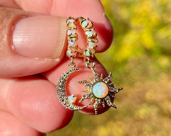 opal moon and sun huggies, gold earrings, small hoops, opal earrings, crescent moon, celestial, jewelry, gift, gift for her, opal sun