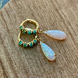 turquoise and opal gold huggie earrings, hypoallergenic, gift, gift for her, opal teardrop earrings, gold huggies, huggy, turquoise jewelry