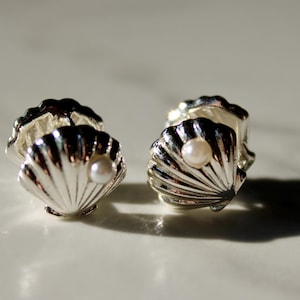 May include: A pair of silver earrings shaped like seashells with a small pearl in each shell.