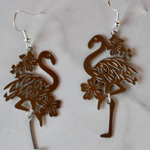 silver flamingo earrings, earrings, silver bird earrings, flamingo earrings, gift, gift for her, earrings under 20, fun earrings, flamingo