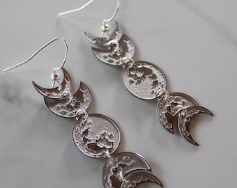 moon phase dangle earrings, silver statement earrings, long earrings, moon phase, lunar, gift, gift for her, holiday, jewelry, full moon