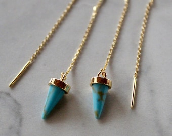 turquoise point threader earrings, turquoise earrings, gold earrings, gold threaders, turquoise jewelry, gift, gift for her, summer earrings