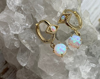 opal evil eye huggie earrings, gold huggie earrings, tiny hoops, evil eye jewelry, opal, gift, holiday, summer jewelry, mothers day, gold