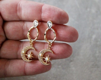 gold crescent moon statement earrings, opal crescent moon, gift, gift for her, wedding earrings, bridal earrings, celestial earrings, jewel