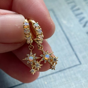 opal huggie earrings // gold huggie earrings // bridesmaid earring // gift for her // sterling silver // opal hoops // tangled // sun burst image 1