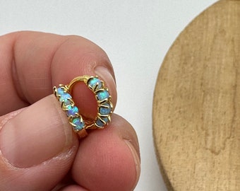 blue opal huggie earrings, gold earrings, bridesmaid earring, gift for her, hypoallergenic, gift for her, holiday, small hoop, blue opal