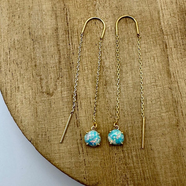 mint green opal threader earrings, green opal, opal jewelry, gold earrings, gold threaders, gold opal, opal birthstone, gift, gift for her,