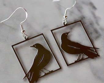 silver raven earrings, raven earrings, silver bird earrings, crow, crow earrings, gift, gift for her, earrings under 20, edgar allen poe