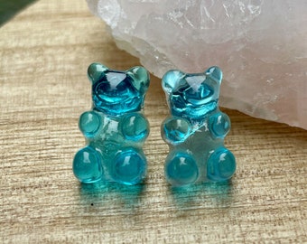 blue gummy bear stud earrings, gummy bear jewelry, 90s jewelry, gift, gift for her, stud earrings, fun earrings, holiday