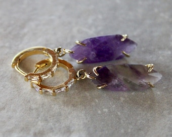 Pendientes de aro de oro y amatista, pendientes morados, pendientes de dama de honor, regalo, acero inoxidable, joyería, pendientes pequeños, pendientes de oro.