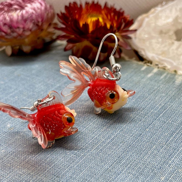 goldfish earrings, goldfish dangle earrings, gold fish, fish, jewelry, earrings, gold earrings, holiday, statement earrings, kawaii earrings