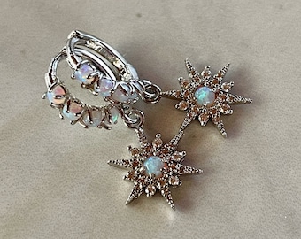 rhodium silver opal huggies, huggie earrings, silver opal earrings, opal starburst earrings, gift, gift for her, jewelry, holiday, opal