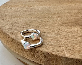 silver opal huggies, opal jewelry, silver huggies, small hoops,  gift, gift for her, earrings under 40, jewelry, hoop earrings, tiny earring