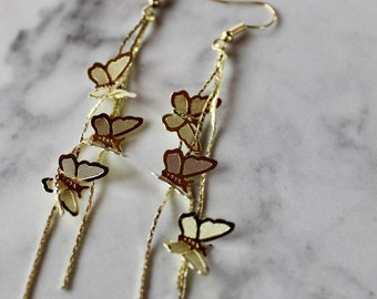 butterfly dangle earrings, golden butterfly earrings, butterfly jewelry, gold earrings, gift, gift for her, jewelry, statement earrings