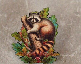 raccoon pin, wooden pin, raccoon pin, brooch, jewelry gift, animal jewelry, woodland animal pin, brooch under 10, raccoon, christmas