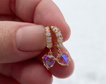 iridescent heart earrings, gold earrings, opal, opal earrings, gift, gift for her, earrings under 50, for mom, for sister, for girlfriend