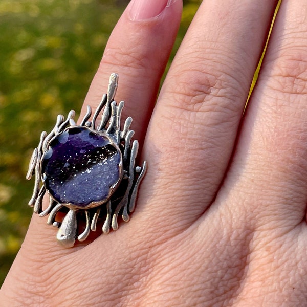 amethyst inspired polymer clay ring, silver ring, silver jewelry, polymer clay, amethyst ring, amethyst jewelry, statement ring, gift