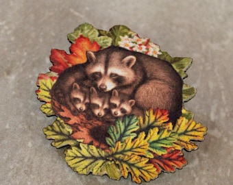 raccoon pin, wooden pin, raccoon pin, brooch, jewelry gift, animal jewelry, woodland animal pin, brooch under 10, raccoon, christmas