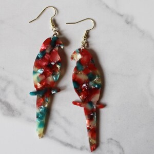 parrot earrings, parrot jewelry, acrylic earrings, statement earrings, tropical earrings, gift, gift for her, earrings under 20, fun jewelry