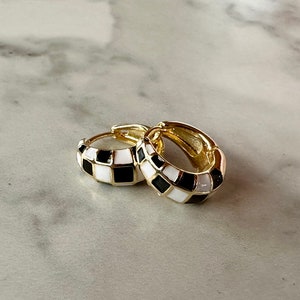 black and white checkered huggie earrings, small hoops, checkered earrings, gold earrings, huggie earrings, gold huggies, gift, gift for her