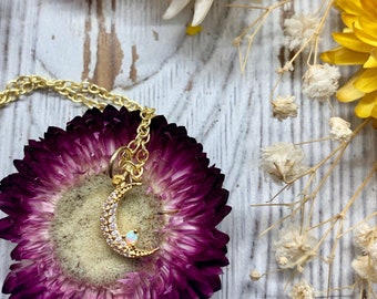 crescent moon necklace, opal necklace, opal moon, moon jewelry, gold necklace, gold jewelry, gold crescent moon, holiday, gift, gift for her
