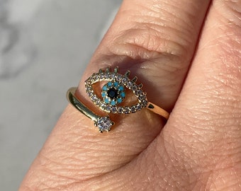 evil eye adjustable ring, gold adjustable ring, evil eye, jewelry, gift, gold ring, gold filled ring, minimist, holiday, evil eye jewelry