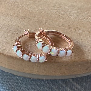 rose gold opal huggies, huggy earrings, rose gold hoop earrings, opal jewelry, opal earrings, opal birthstone, gift, hypoallergenic, rose