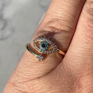 anillo ajustable de mal de ojo, anillo ajustable de oro, mal de ojo, joyería, regalo, anillo de oro, anillo lleno de oro, minimalista, vacaciones, joyería de mal de ojo