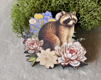 raccoon pin, wooden pin, raccoon pin, brooch, jewelry gift, animal jewelry, woodland animal pin, brooch under 10, raccoon, christmas