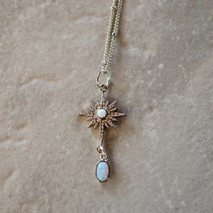 silver opal star burst necklace, opal necklace, opal jewelry, silver necklace, gift, gift for her, jewelry, holiday, star necklace, silver