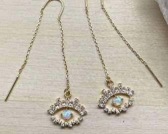 opal evil eye threaders, threader earrings, gold threaders, dangle earrings, gift, gift for her, evil eye jewelry, gold earrings, summer